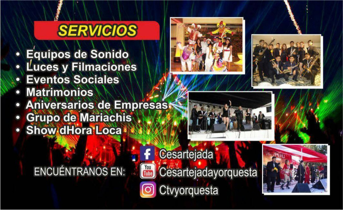 Servicios: Equipos de sonido, Luces y filmaciones, Eventos sociales, Matrimonios, Aniversarios de Empresas, Grupo de Mariachis, Show de hora loca